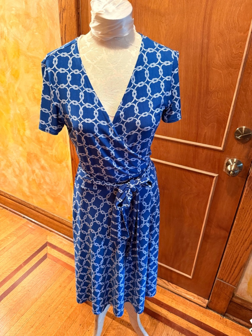 Blue Chain-Print Wrap Midi Dress with Tie Waist by Donna Morgan